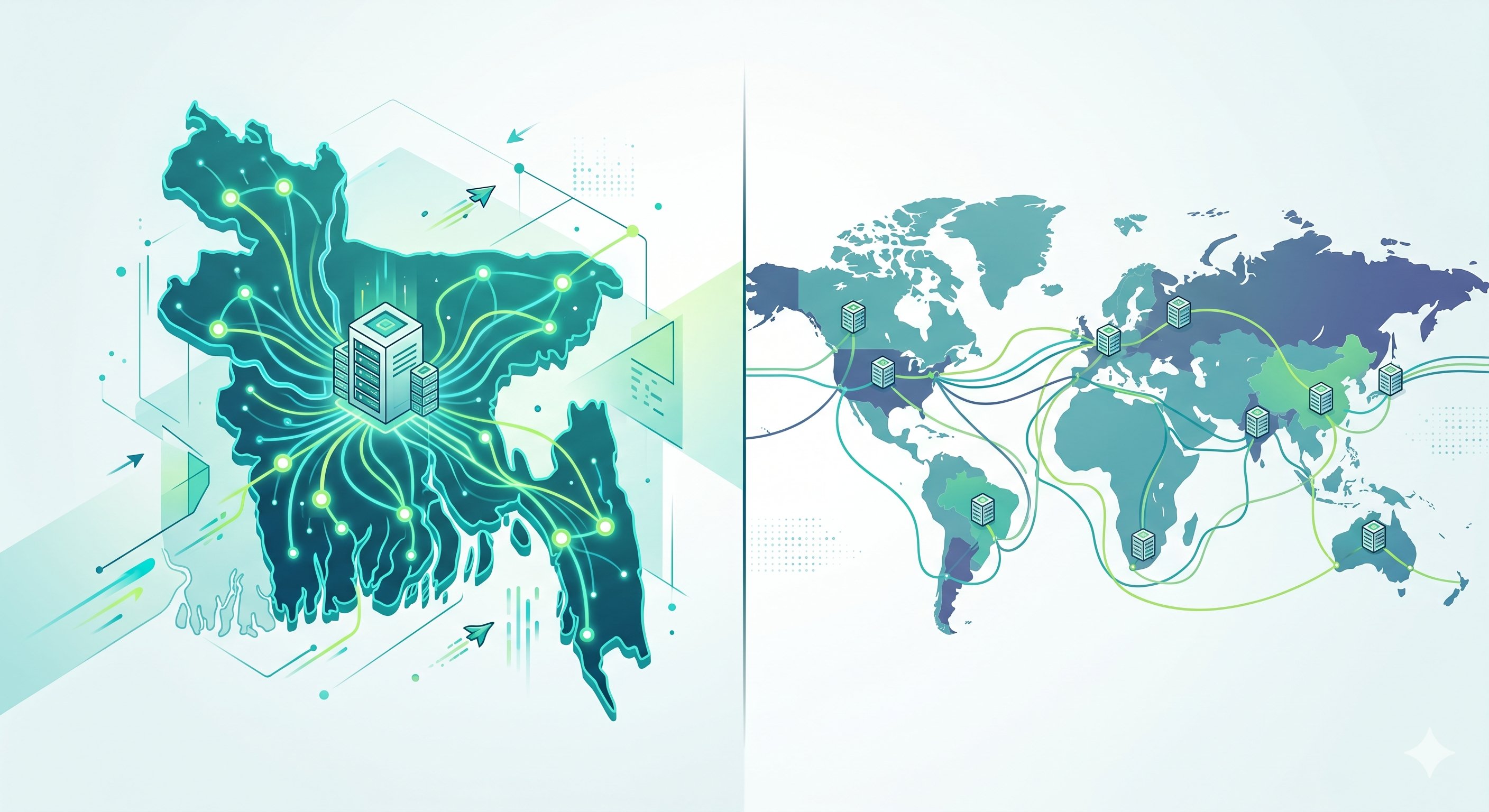 BDIX VPS compared with global cloud VPS — traffic-map and product-fit illustration.