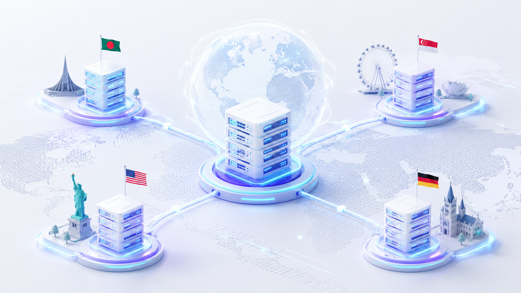 Map-style visual representing Singapore, USA, and Europe VPS deployment choices for Bangladesh buyers