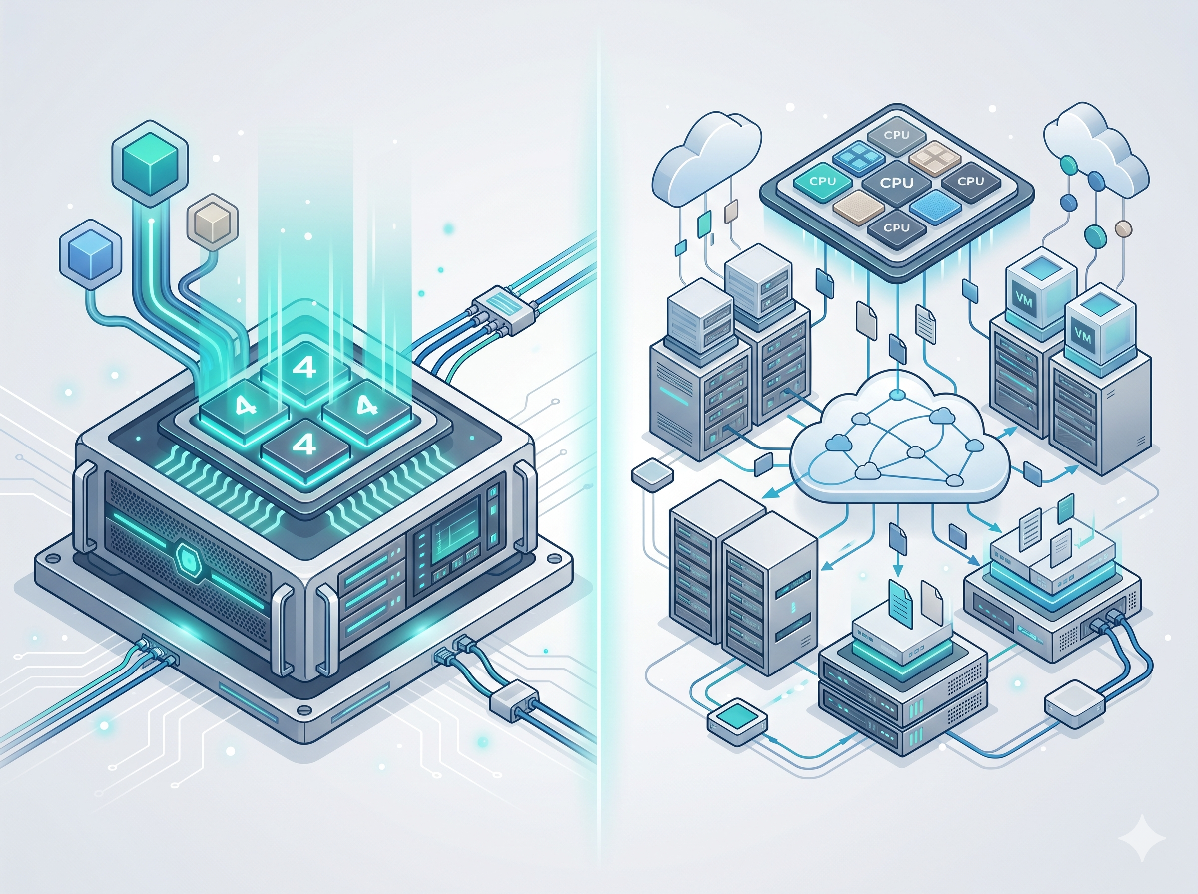 Visual comparison concept between Dedicated Core VPS and regular cloud VPS hosting paths