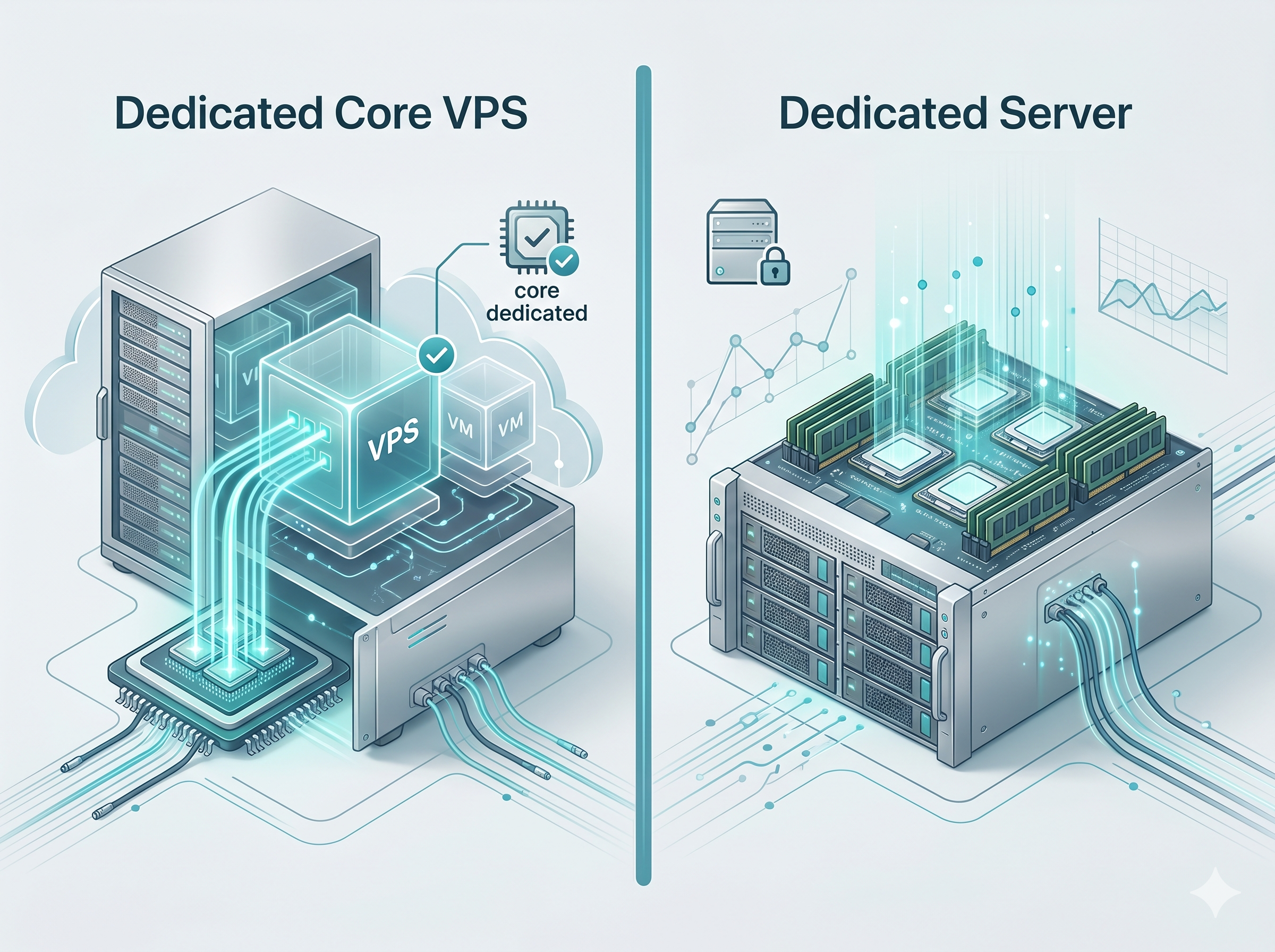 Dedicated Core VPS compared to full dedicated server hosting concept