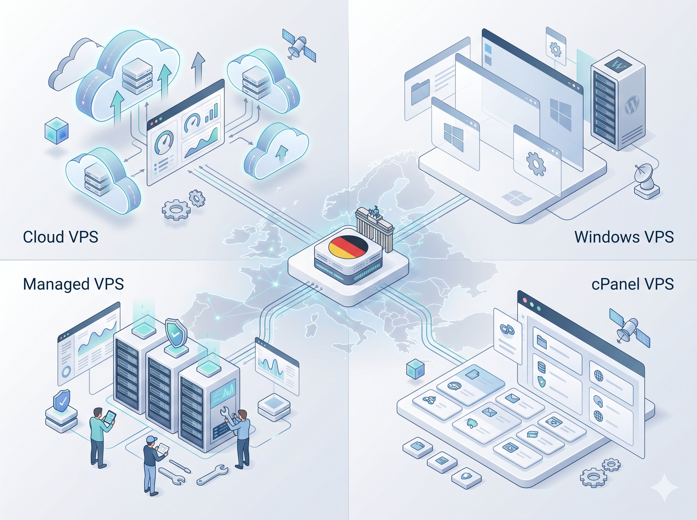 Germany VPS comparison visual for choosing cloud, Windows, managed, and cPanel options.