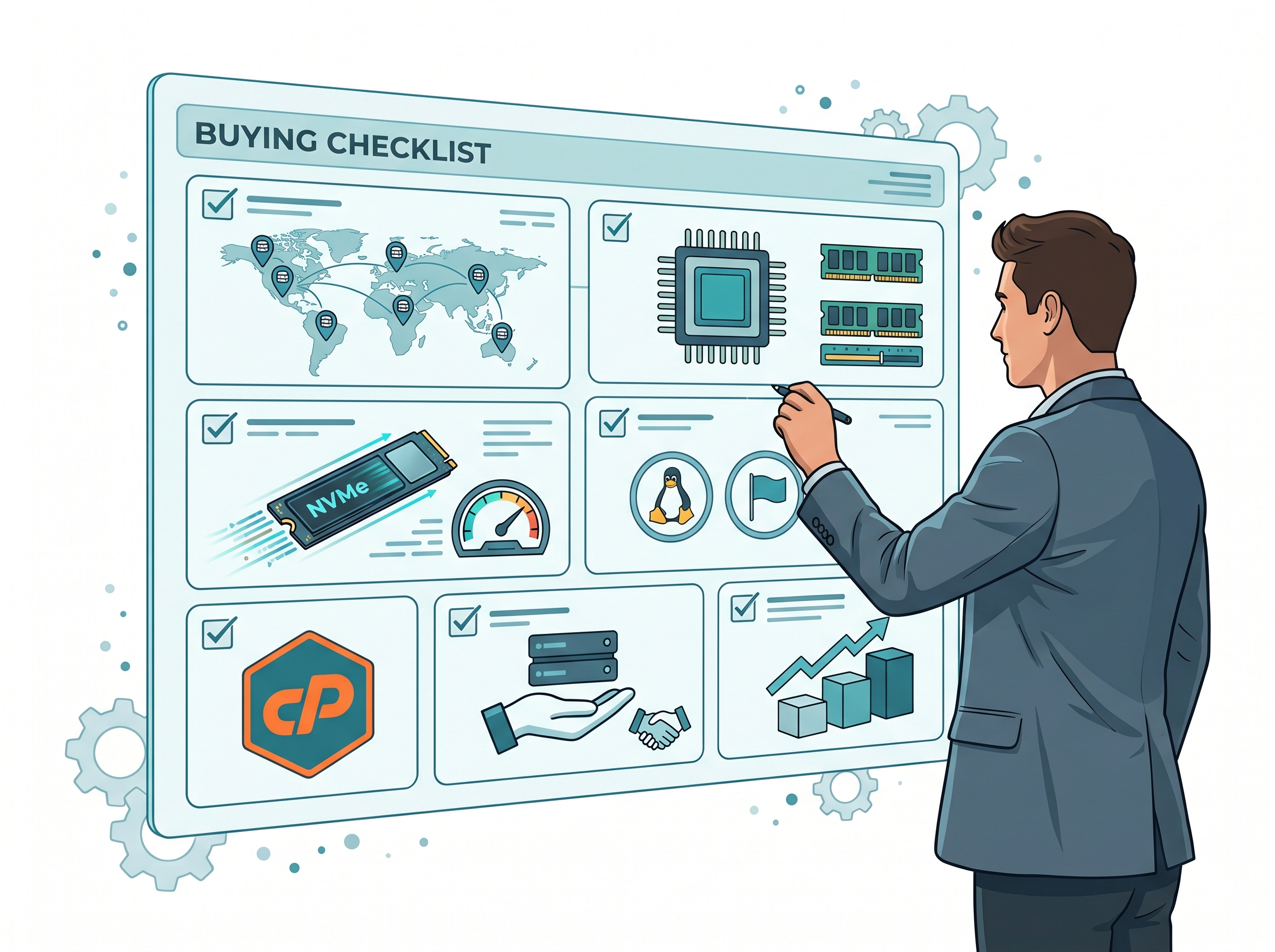 Checklist-style visual for VPS buyers confirming location, workload, and management needs