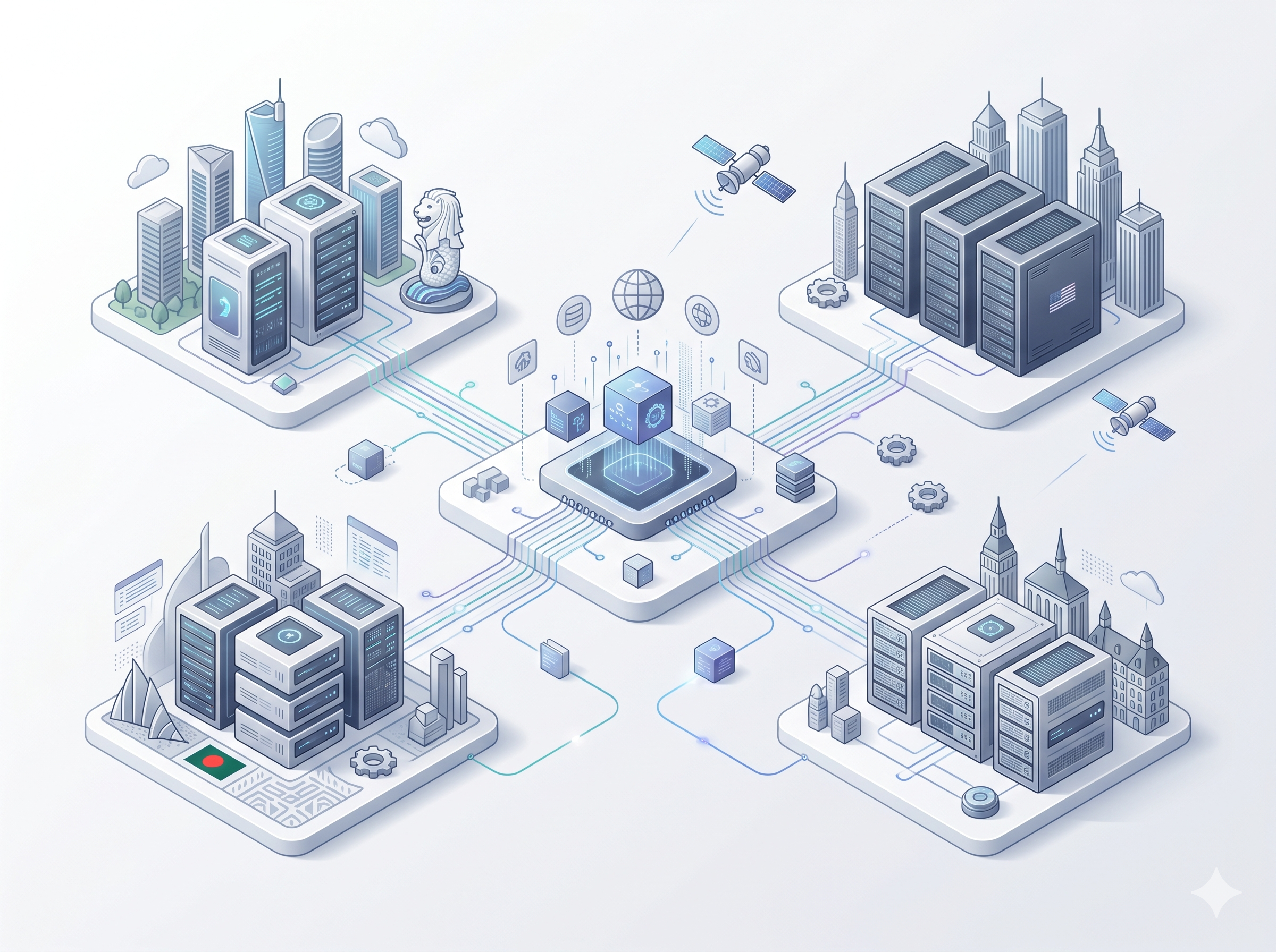 Map-style illustration of BDIX, Singapore, USA, and Europe VPS deployment options for Bangladesh buyers