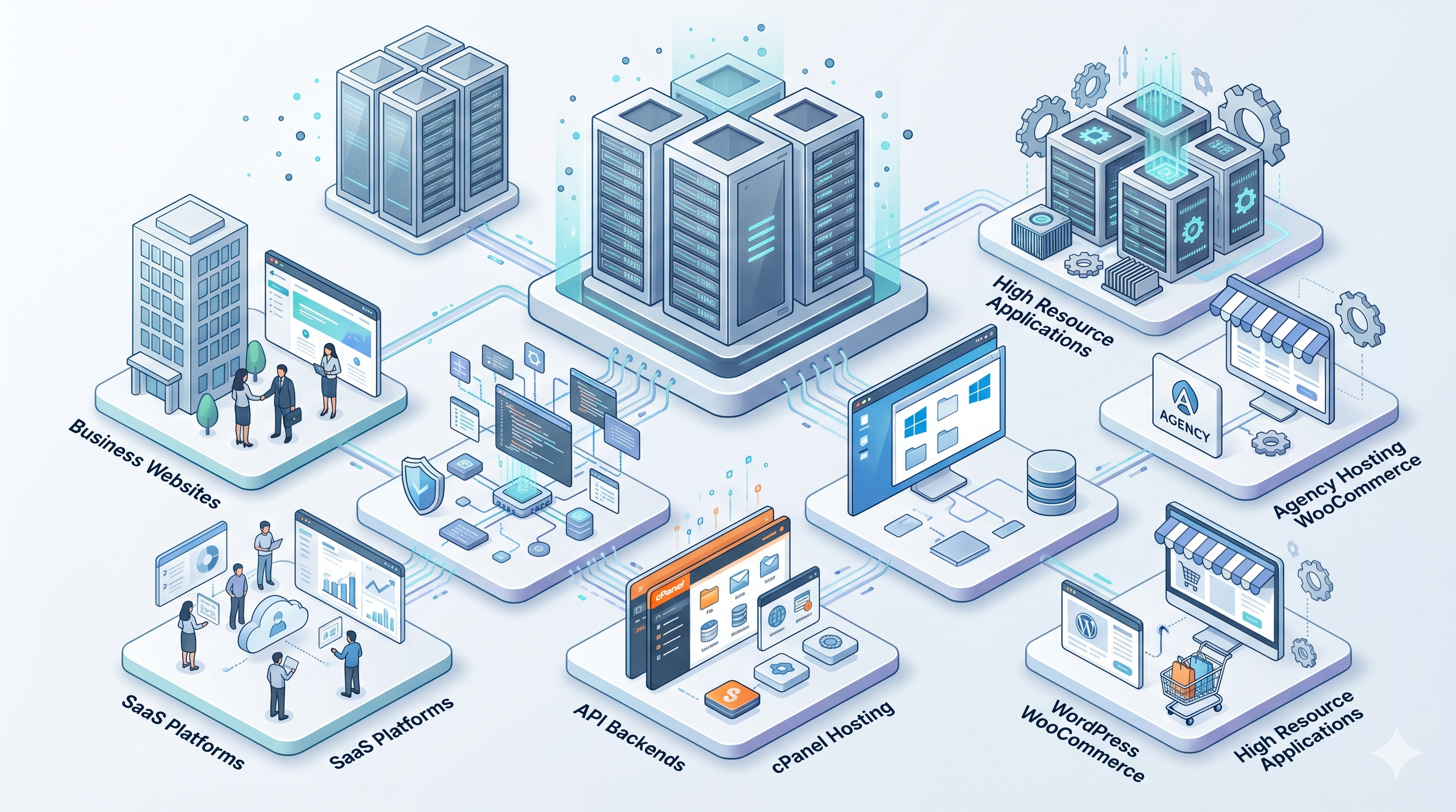 Collage representing business, WordPress, SaaS, API, and agency hosting on VPS