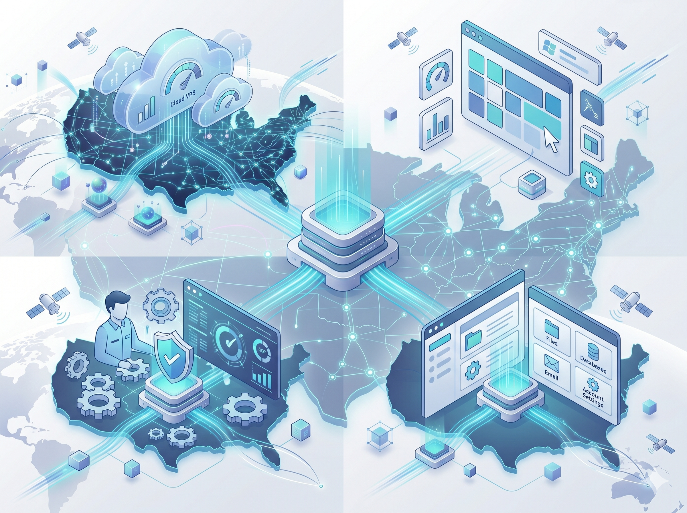 USA VPS comparison visual for choosing cloud, Windows, managed, or cPanel hosting.